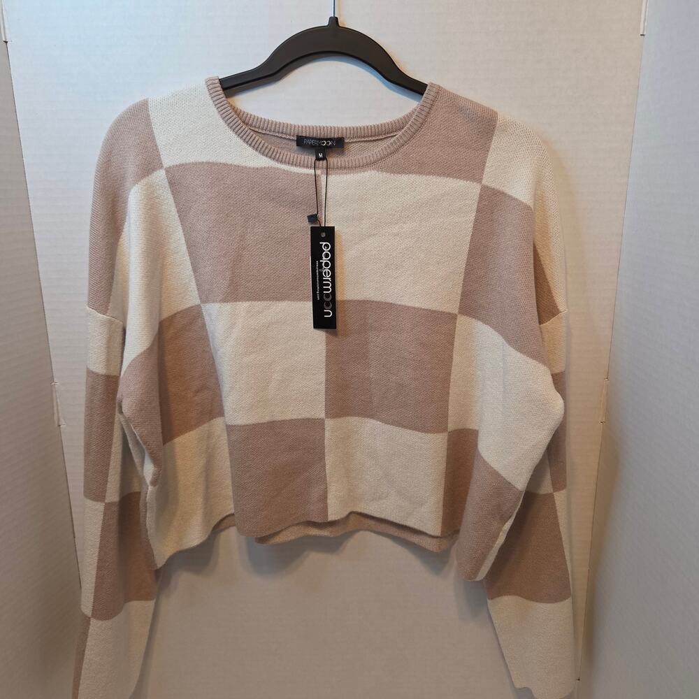NWT Papper Moon Cream and Taupe checkered crewneck cropped sweater size M